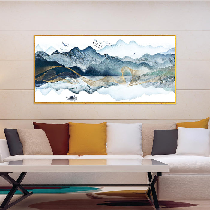 Art Street Abstract Mountain Birds Large Canvas Painting Panel for Home Décor (Gold, 23x47 Inch)