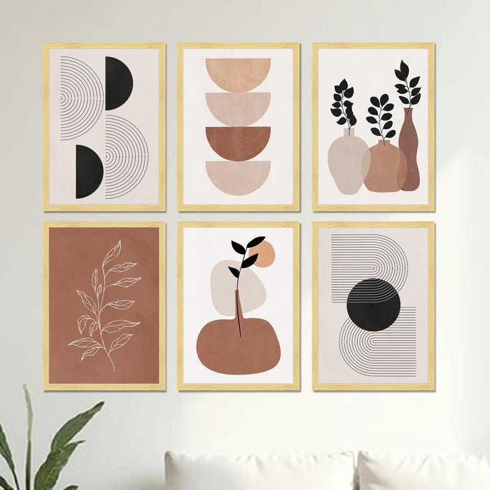 Abstract Botanical & Geometric Framed Painting Wall Art Set of 6 | Modern Neutral Prints | Beige, Brown & Black Tones | Engineered wood Frame Wall Décor, (Size: A3)