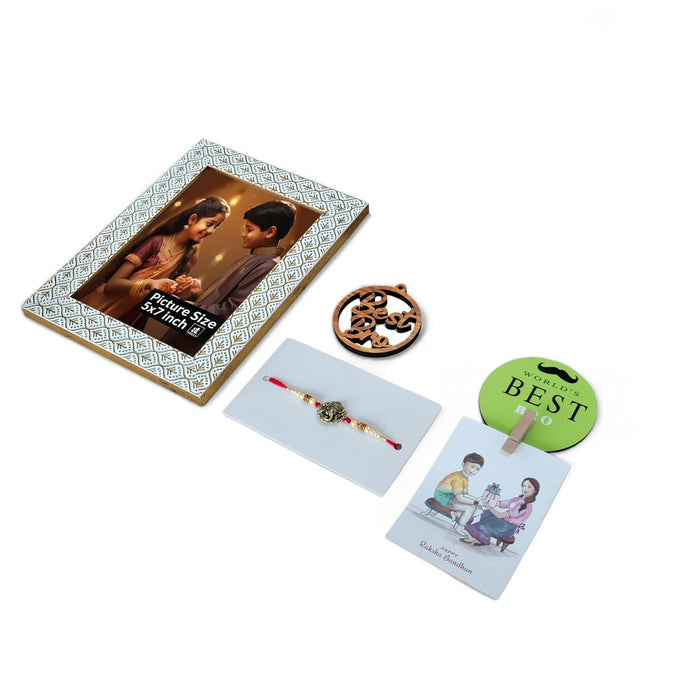 Art Street Rakhi Gift Hamper Combo Set-One 5x7 Inch Tectured Photo Frame With Ganesh Rakhi for Brother, Best Bro Keychain, One Photo Clip Best Brother Fridge Magnet Rakshabandhan Rakhi