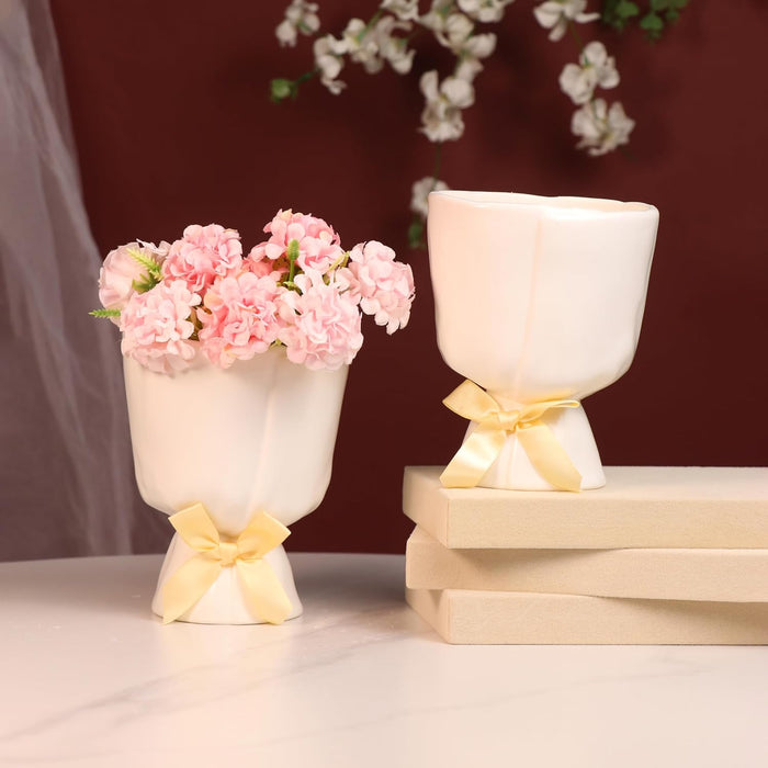 Beautiful Flower Vases, PVC Pot for Plants Stand Elegant Fold Texture White Vase Pot, Made of Durable Plastic PVC Height - 13 cm