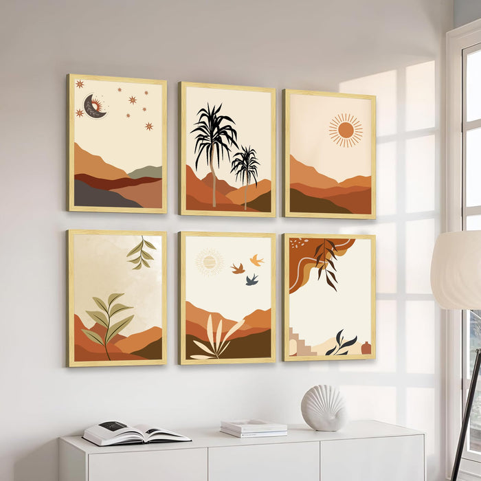 Boho Landscape Framed Painting Wall Art Set of 6 | Sun, Moon & Botanical Desert Prints | Warm Earth Tones | Engineered wood Frame Wall Décor, (Size: A3)