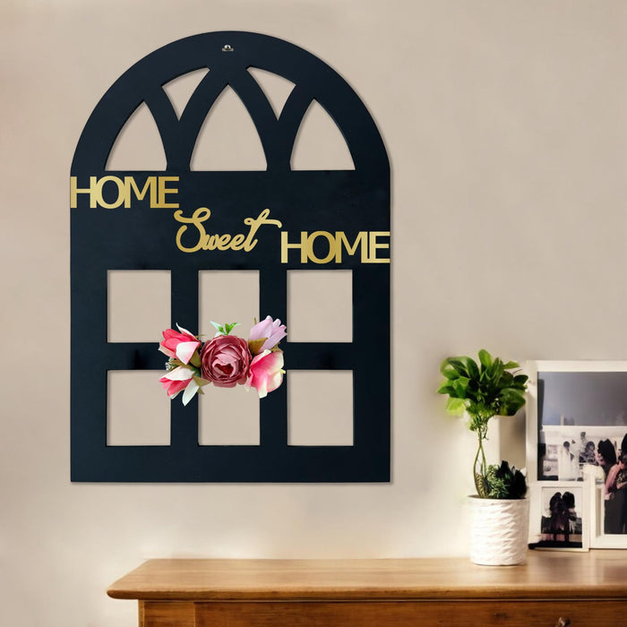 MDF Cutout in Window style with Golden Acrylic Plaque & Peony Artificial Flower for home décor (Size - 12x16 Inch)