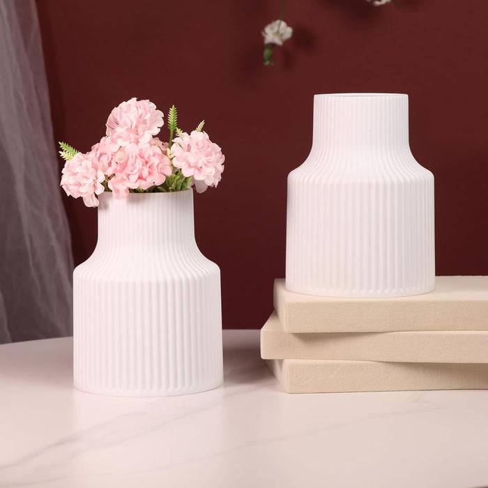 Beautiful Flower Vases, PVC Pot for Plants Stand Elegant Ribbed Texture White Vase Pot, Made of Durable Plastic PVC Height - 15 cm