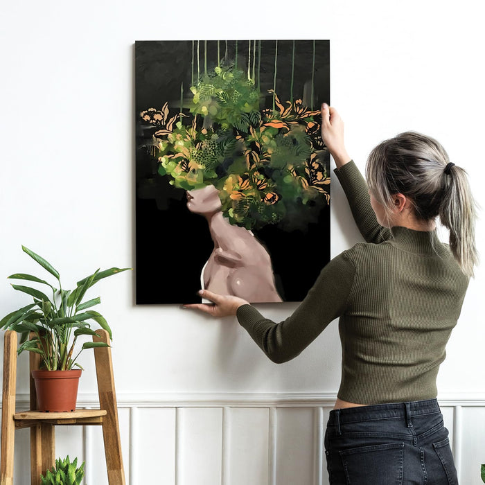 Stretched Modern Canvas Wall Art Painting, Women with Green Flower Bouquet Artwork for Home Decoration (Set of 1, 16x22 Inch)