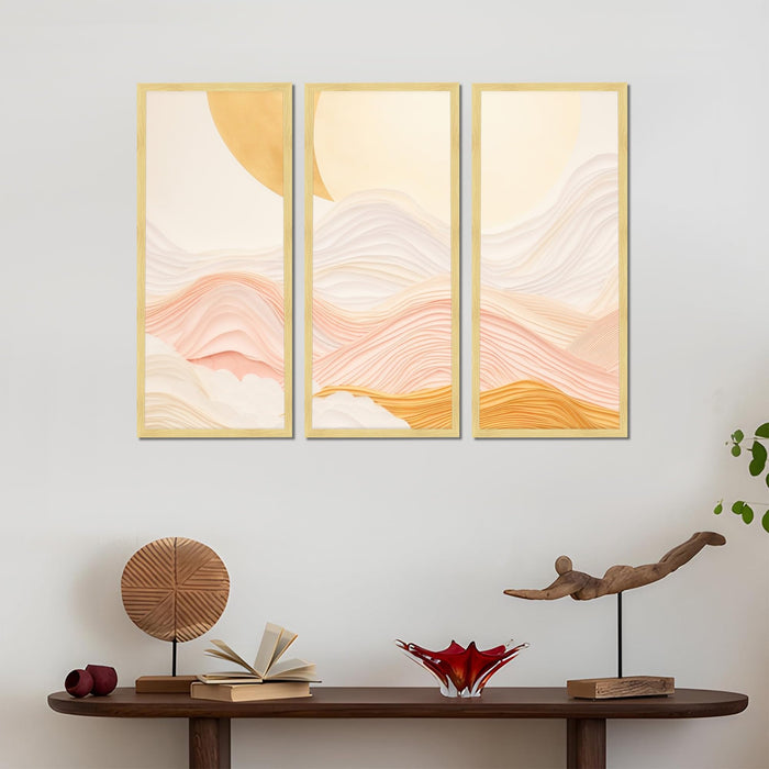 Abstract Layered Landscape Framed Wall Art Set of 3 | Modern Boho Minimal Wall Décor | Engineered Wood Frame Art for Living Room, Bedroom & Office, 8.9x18.9 Inch