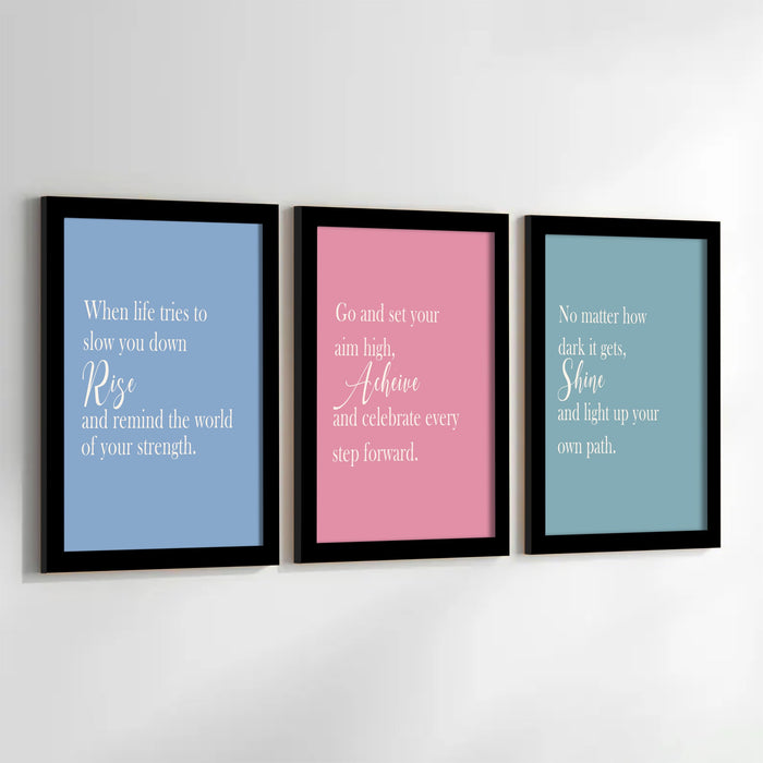 Motivational Quote Wall Art Set of 3 Framed Prints | Rise Achieve Shine Inspirational Wall Décor for Living Room, Bedroom & Office, 23x32 cm