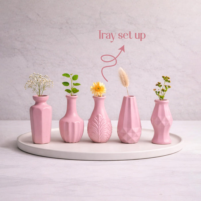 Set of 5 Pink Ceramic Decorative Vases for Home Decor | Modern Minimal Flower Vase Set for Living Room, Bedroom, Table & Gift