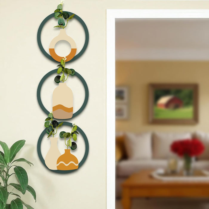 MDF Boho Wall Decor Round Vase Hanging with Artificial Plant Leaf Pack of 3 Wooden Circular Wall Decoration 20x20 cm