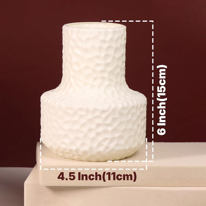 Beautiful Flower Vases, PVC Pot for Plants Stand Elegant Hammered Texture White Vase Pot, Made of Durable Plastic PVC Height - 15 cm