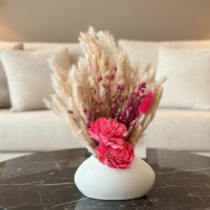 Art Sreet White Ceramic Decorative Vase with Pampas Grass & Red Wood Flowers | Minimalist Table Decor | Aesthetic Home Decoration for Living Room, Bedroom, Entryway | Dried Flower Arrangement Set