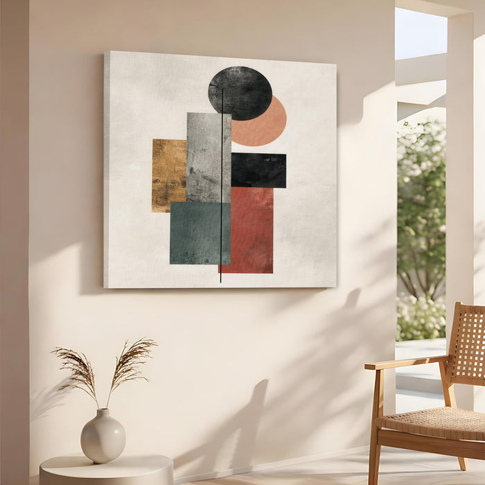 Modern Abstract Geometric Stretched Canvas Wall Art Painting For Living Room, Mid-Century Modern Circles & Rectangles Poster, Contemporary Decor for Living Room & Office (56xx56 cm)
