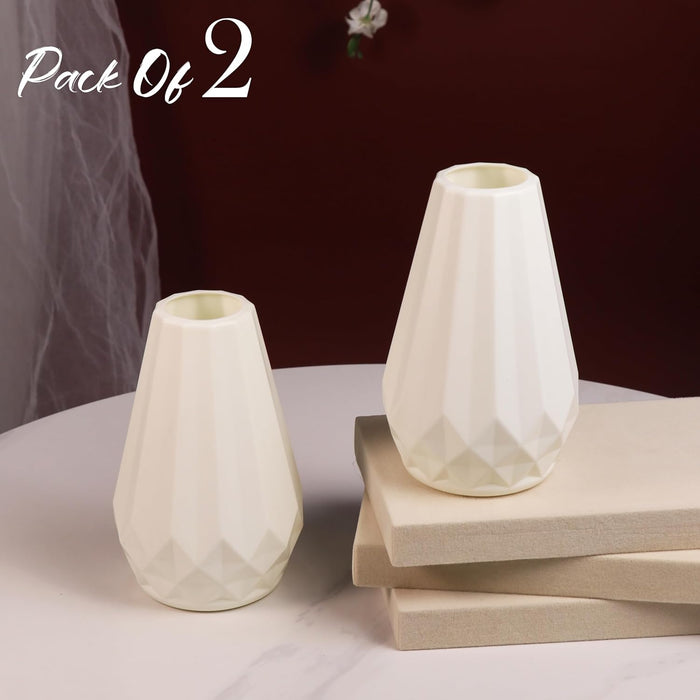 Beautiful Flower Vases, PVC Pot for Plants Stand Geometric Faceted Texture White Vase, Made of Durable Plastic PVC Height - 15 cm