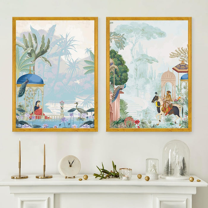 Art Street Wall Art Prints Embossed Laminated Framed, Two Mughal Gardern Art For Wall Décor Abstract Art (Size: 16x22 Inch)