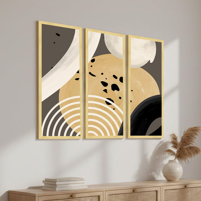 Abstract Modern Framed Wall Art Set of 3 | Contemporary Geometric Boho Wall Décor | Engineered Wood Frame Art for Living Room, Bedroom & Office, 8.9x18.9 Inch