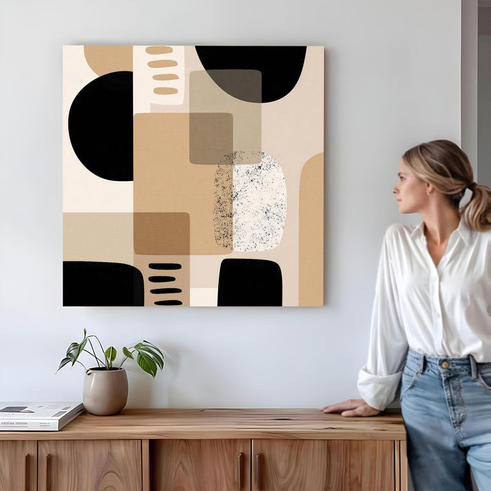 Mid-Century Modern Geometric Wall Art Painting For Living Room, Minimalist Abstract Shapes Stretched Canvas Painting, Black & Brown, Contemporary Boho Decor for Living Room & Office (56xx56 cm)