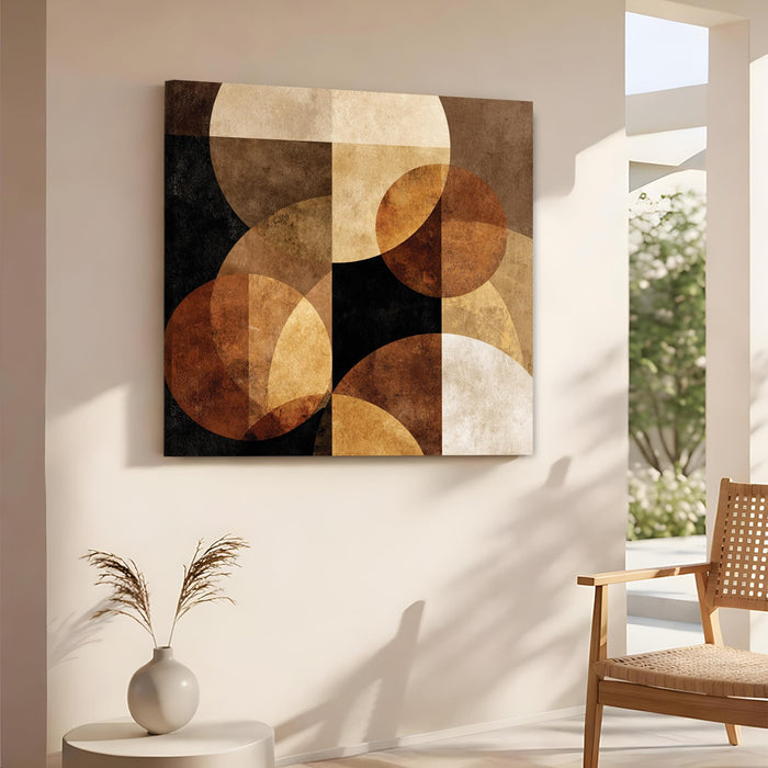 Abstract Geometric Stretched Canvas Wall Art Painting For Living Room, Mid-Century Modern, Minimalist Round Overlapping Shapes in Earthy for Living Room & Office (56xx56 cm)