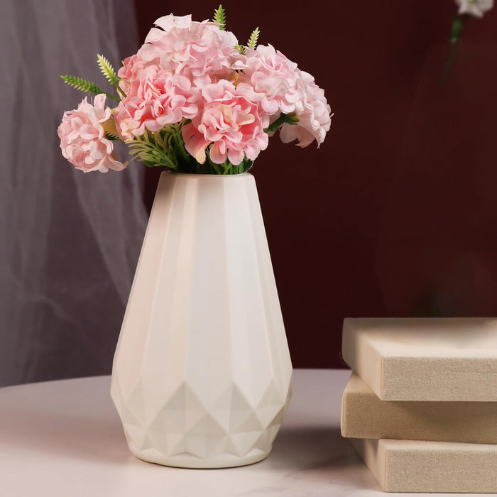 Beautiful Flower Vases, PVC Pot for Plants Stand Geometric Faceted Texture White Vase, Made of Durable Plastic PVC Height - 15 cm