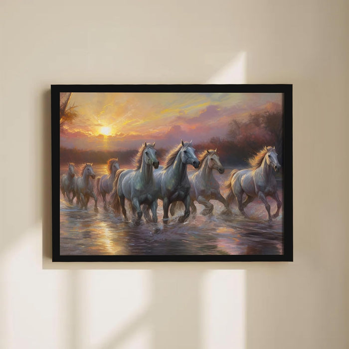 Abstract Wall Art Eight Running Horses Vastu Feng Shui Multicolor | Digital Painting Framed with Engineered Wood Frame (17x23 Inch)