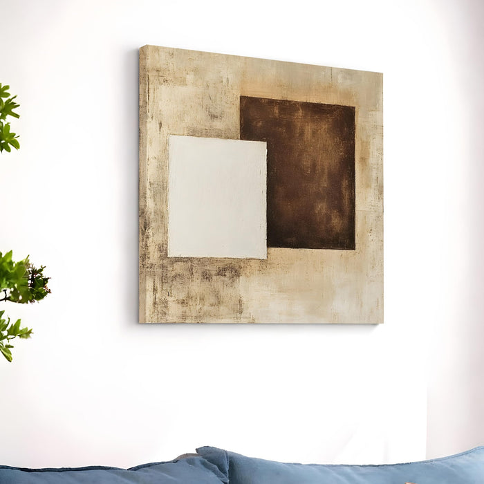 Modern Abstract Stretched Canvas Wall Art Painting For Living Room, Minimalist Geometric White & Dark Brown Textured Painting for Living Room, Office & Home Decor (56xx56 cm)