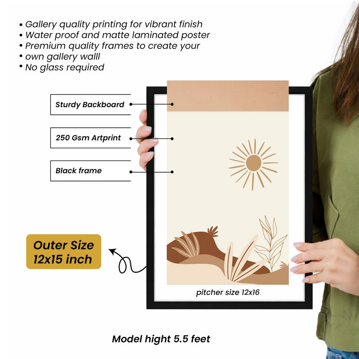 Boho Landscape Framed Painting Wall Art Set of 6 | Sun, Moon & Botanical Desert Prints | Warm Earth Tones | Engineered wood Frame Wall Décor, (Size: A3)