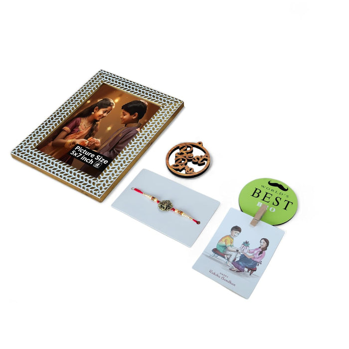 Art Street Rakhi Gift Hamper Combo Set-One 5x7 Inch Photo Frame With Ganesh Rakhi for Brother, Best Bro Keychain, One Photo Clip Best Brother Fridge Magnet Rakshabandhan Rakhi