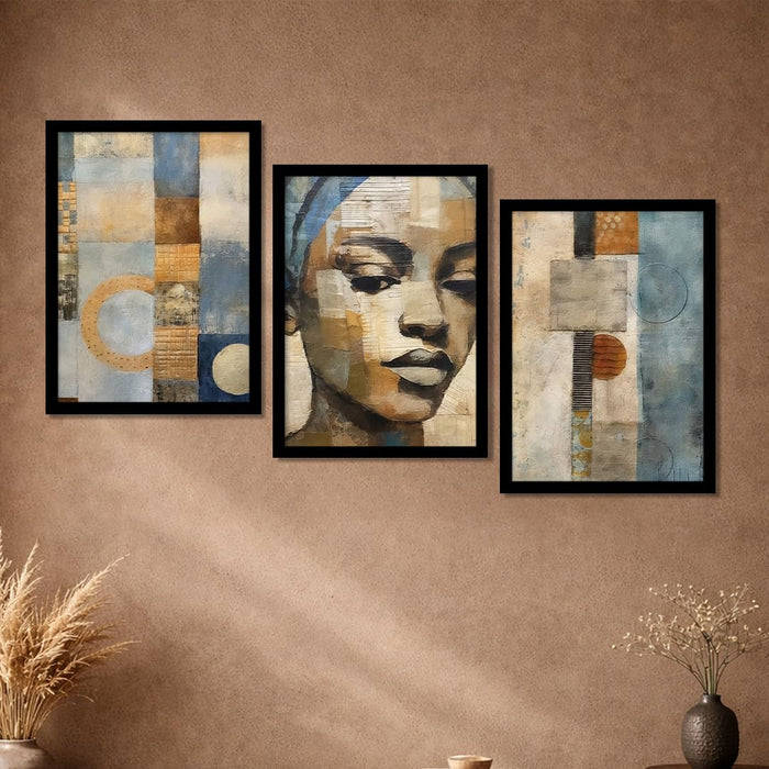 Abstract Woman Face A3 Framed Painting for Living Room With Frame, Women's Day Gift Abstract Aesthetic Framed Paintings for Home Decor Bedroom Hallways Office Hotel Set of 3, Size 33x45 cm