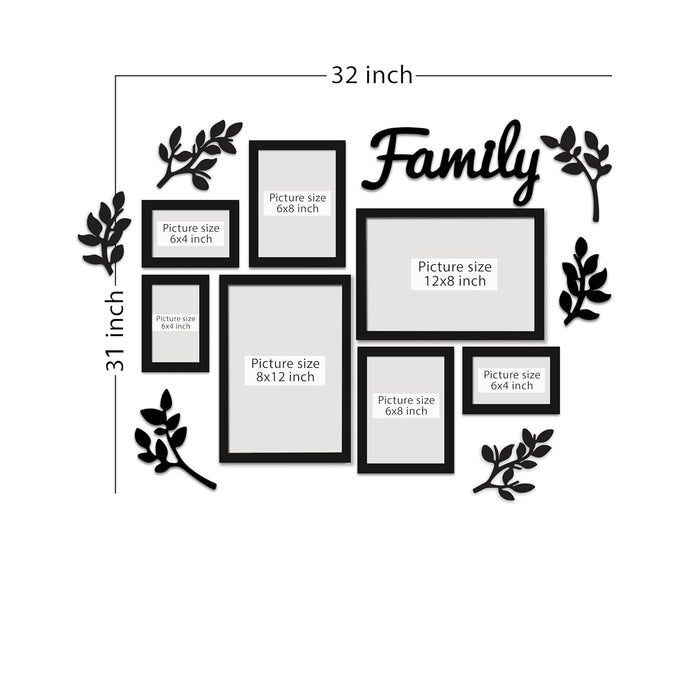 Family Tree Wall Photo Frame Set Pack of 7 with 7 MDF Cutouts for Home Decoration 4x6, 6x8, 8x12 Inch