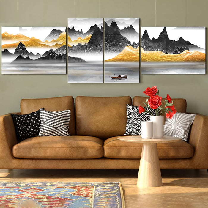 Art Street Stretched On Frame Modern Canvas Wall Art Painting Abstract Beautiful Golden Black Mountain Landscape For Home,Bedroom, Office Decoration (Set Of 4, 2 Pcs 12x22 & 2 Pcs 16x22 Inch)