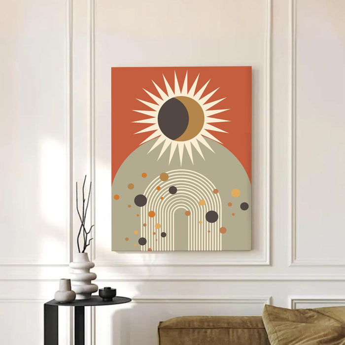 Abstract Sun Rise and floral Stretched Canvas Wall Art Modern Boho Illustration Painting for Home & Office Wall Decor, (16x22 Inch)