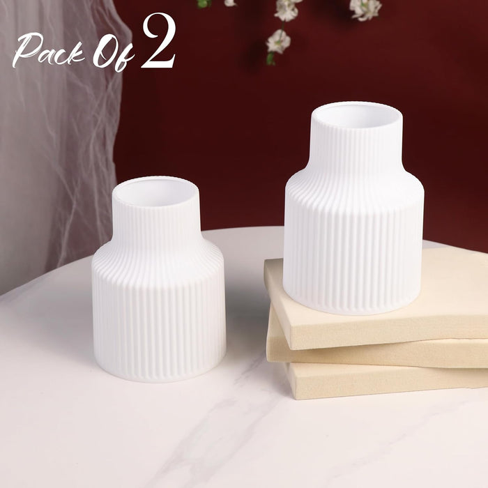Beautiful Flower Vases, PVC Pot for Plants Stand Elegant Ribbed Texture White Vase Pot, Made of Durable Plastic PVC Height - 15 cm