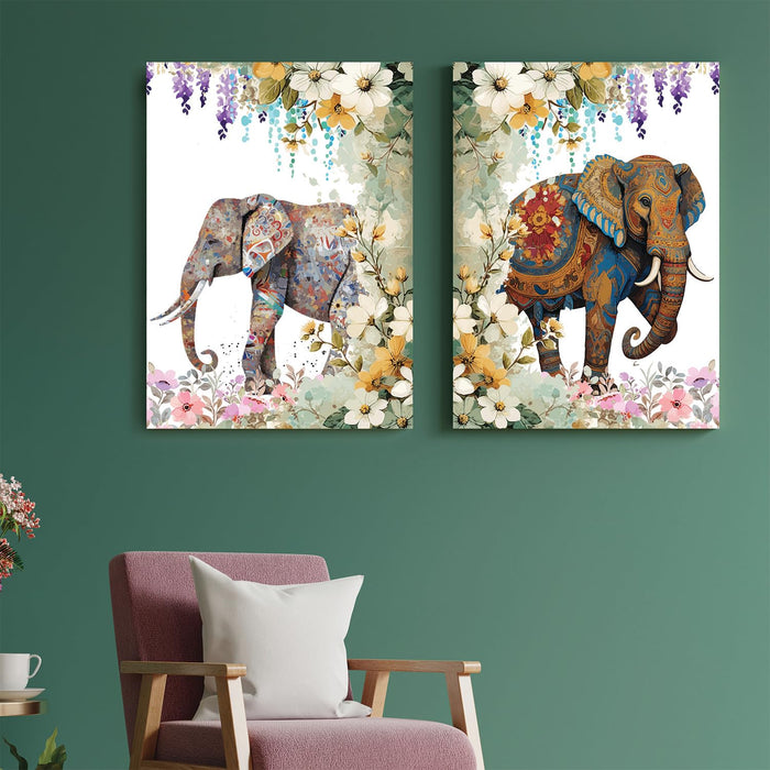 Art Street Stretched On Frame Canvas Painting Floral Garden With Elephant Art For Décor Abstract Art (Set of 2, Size: 16x22 Inch)