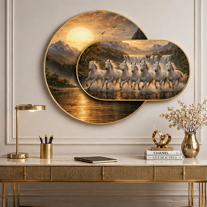 7 White Running Horses Framed Painting For Living Room Abstract Vastu Sunrise Unique Layered Home Wall Decor- 56x82 cm