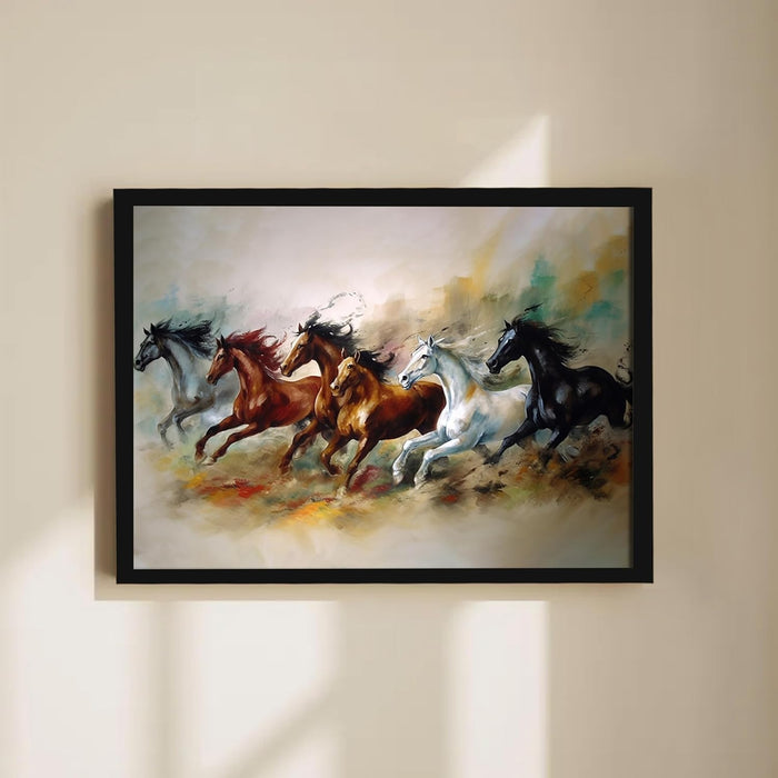 Abstract Wall Art Eight Running Horses Vastu Feng Shui Multicolor | Digital Painting Framed with Engineered Wood Frame (17x23 Inch)