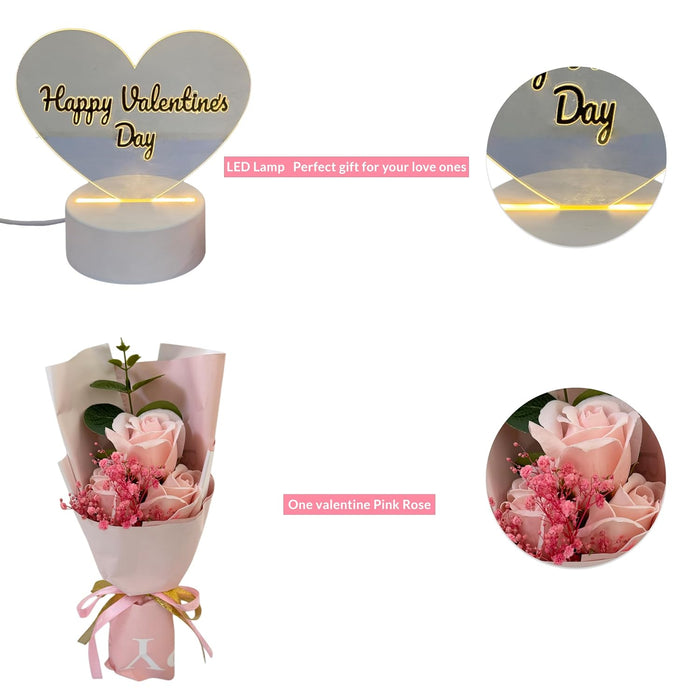 Happy Valentine Day Table Lamp Gift Combo Pack for Wife, Husband, Couples, with Pink Roses, Showpiece for Her, Girlfriend, Boyfriend