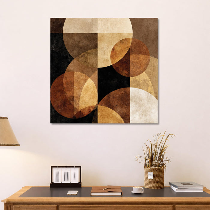 Abstract Geometric Stretched Canvas Wall Art Painting For Living Room, Mid-Century Modern, Minimalist Round Overlapping Shapes in Earthy for Living Room & Office (56xx56 cm)
