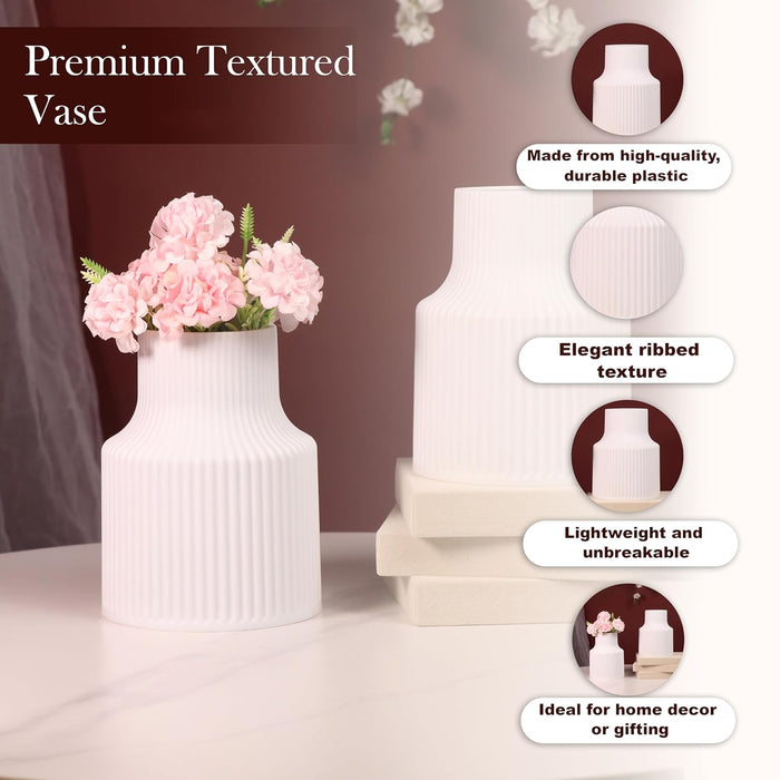 Beautiful Flower Vases, PVC Pot for Plants Stand Elegant Ribbed Texture White Vase Pot, Made of Durable Plastic PVC Height - 15 cm