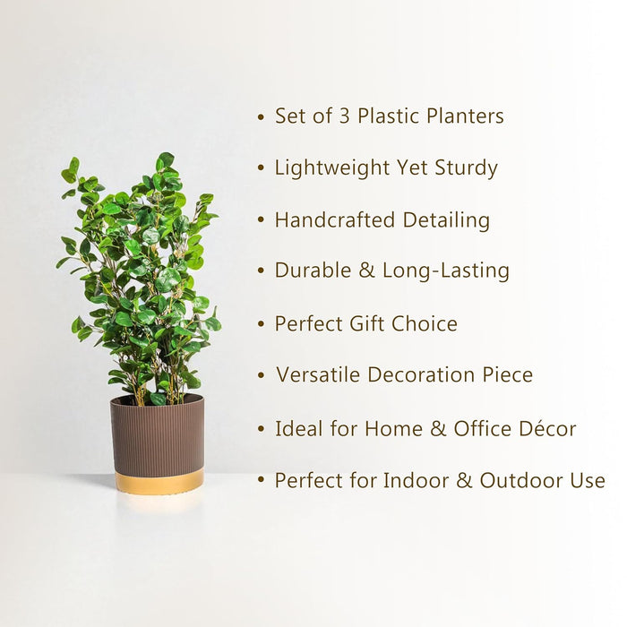 Plant Pot Pack Planter Pot Pack of 3 for Home Decor Brown Copper Indoor Outdoor with Vertical Embossed Ribbed Pattern Perfect 26x29, 21.5x24 and 17x18.5 cm