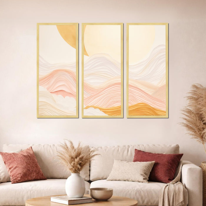 Abstract Layered Landscape Framed Wall Art Set of 3 | Modern Boho Minimal Wall Décor | Engineered Wood Frame Art for Living Room, Bedroom & Office, 8.9x18.9 Inch