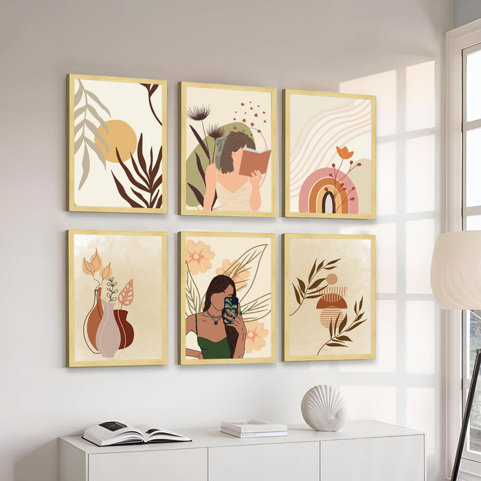 Boho Portrait & Abstract Framed Painting Wall Art Set of 6 | Modern Feminine, Botanical & Rainbow Prints | Soft Neutral Tones | Engineered wood Frame Wall Décor, (Size: A3)