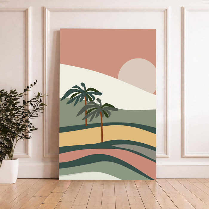 Boho Landscape Stretched Canvas Painting For Living Room | Graphic Tropical Palm Stretched Canvas Wall Art For Livingroom Home Decor, Bedroom, Hallway's, Office, Hotel - 56x86 cm