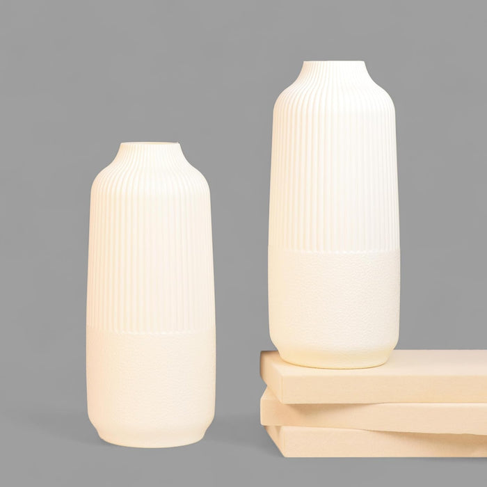 Beautiful Flower Vases for Home PVC Pot for Plants Stand Elegant Ribbed Texture White Vase Pot, Made of Durable Plastic PVC Height - 25 cm