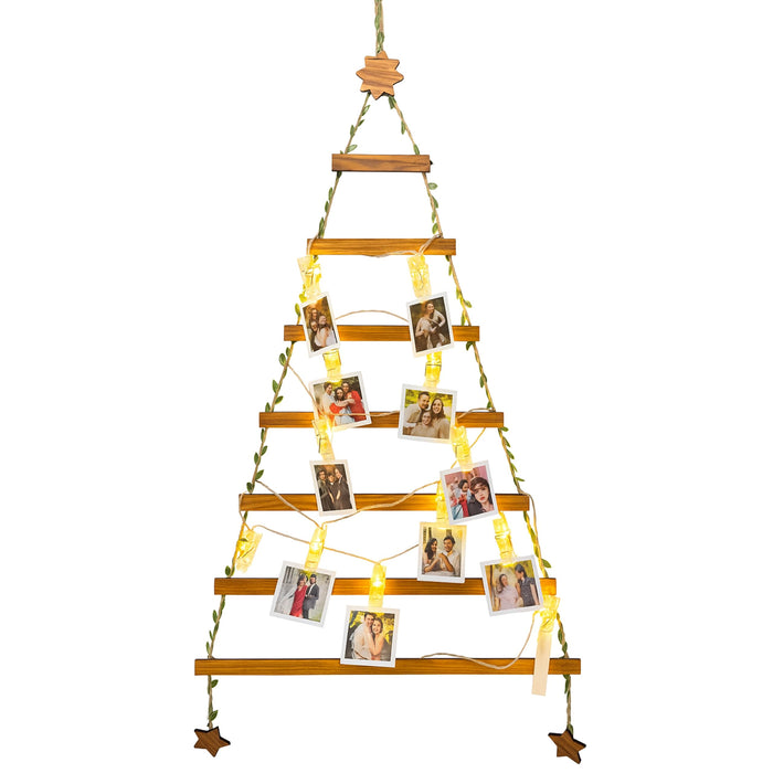 Wall Hanging Christmas Tree Photo Holder with 12 Warm LED Clip Lights Wooden Photo Hanger 46x94 cm