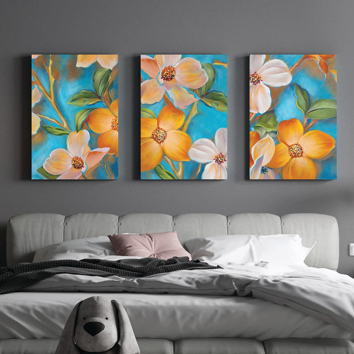 Art Street Stretched Canvas Painting Orange-White Blossom Apricot Flower For Living Room Decoration (Set of 3, Size: 16x22 Inch)