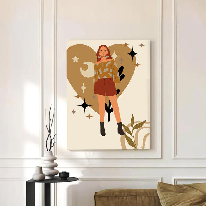 Abstract Heart and Female Stretched Canvas Wall Art Modern Boho Illustration Painting for Home & Office Wall Decor, (16x22 Inch)