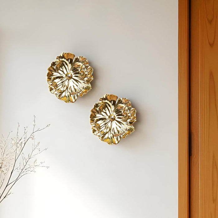 Pack of 2 Golden Floral Shape Ceramic Wall Decor Plates Handmade Round Floral Wall Hanging Decorative Items for Living Room, Bedroom, Wedding Pooja and Home Decoration – 14x14 cm