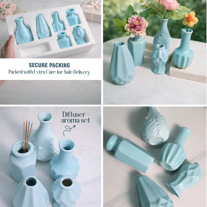 Set of 5 Light Blue Ceramic Decorative Vases for Home Decor | Modern Minimal Flower Vase Set for Living Room, Bedroom, Table & Gift