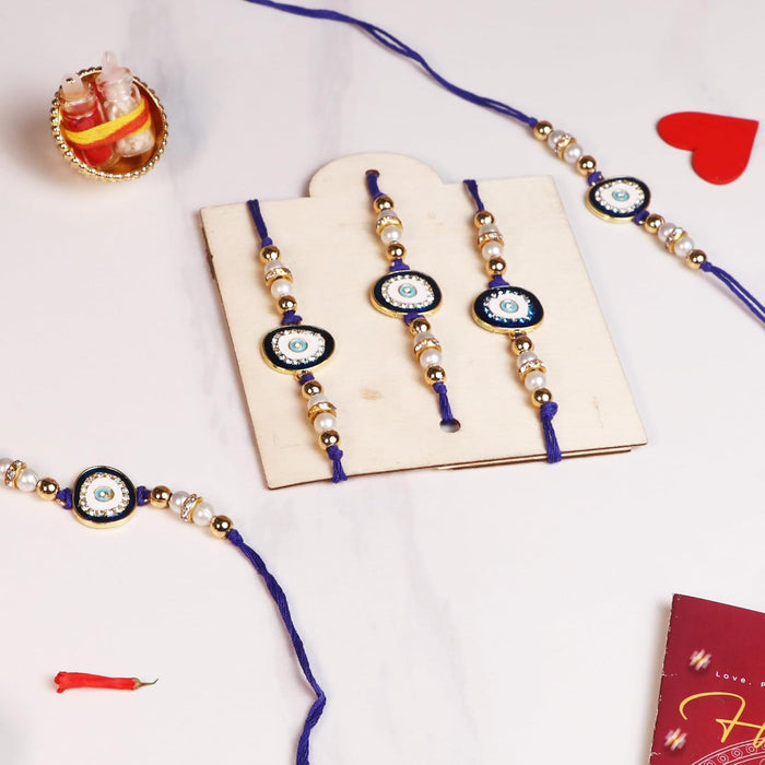 Rakhi Set for Brother and Bhabhi Premium Nazariya Rakhi with Roli and Chawal for Raksha Bandhan (Set of 5)