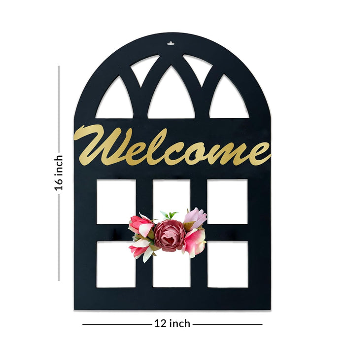 MDF Cutout in Window style with Golden Acrylic Plaque & Peony Artificial Flower for home décor (Size - 12x16 Inch)