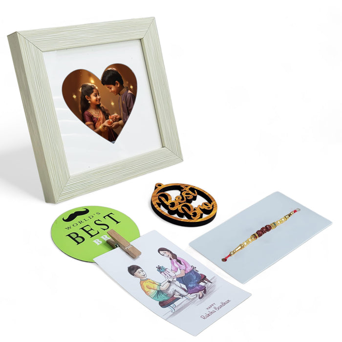 Art Street Rakhi Gift Hamper Combo Set-One Mauli Rakhi for Brother, Best Bro Keychain, One 5x7 Inch Heart Shape Photo Frame White, One Photo Clip Best Brother Fridge Magnet Rakshabandhan Rakhi