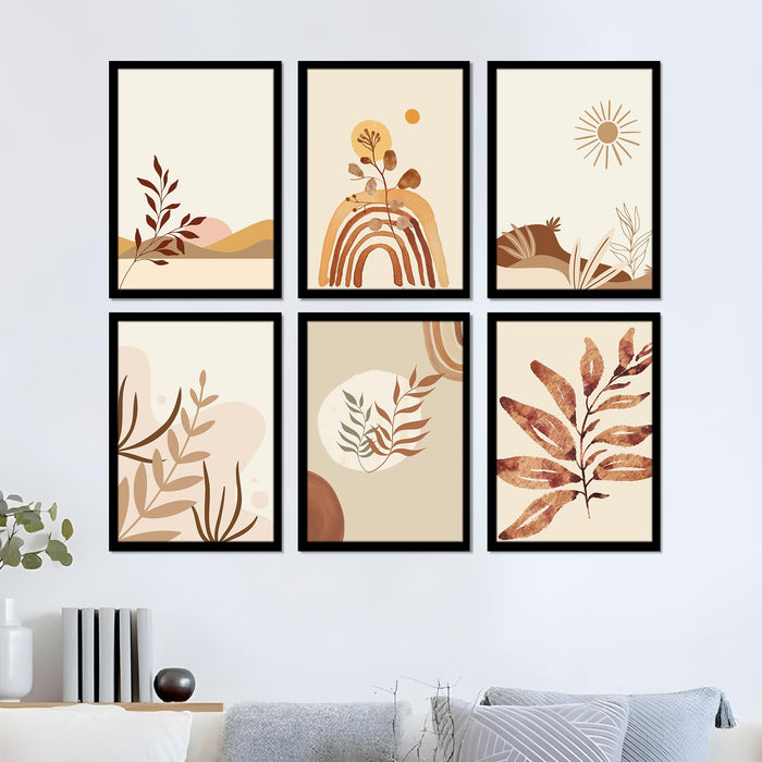 Boho Landscape Framed Painting Wall Art Set of 6 | Sun, Moon & Botanical Desert Prints | Warm Earth Tones | Engineered wood Frame Wall Décor, (Size: A3)